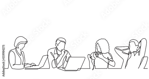 continuous line drawing of office workers team having discussion at business meeting - PNG image with transparent background