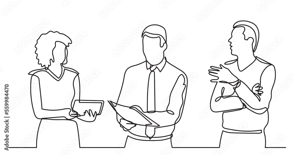 continuous line drawing of standing business people talking -  PNG image with transparent background