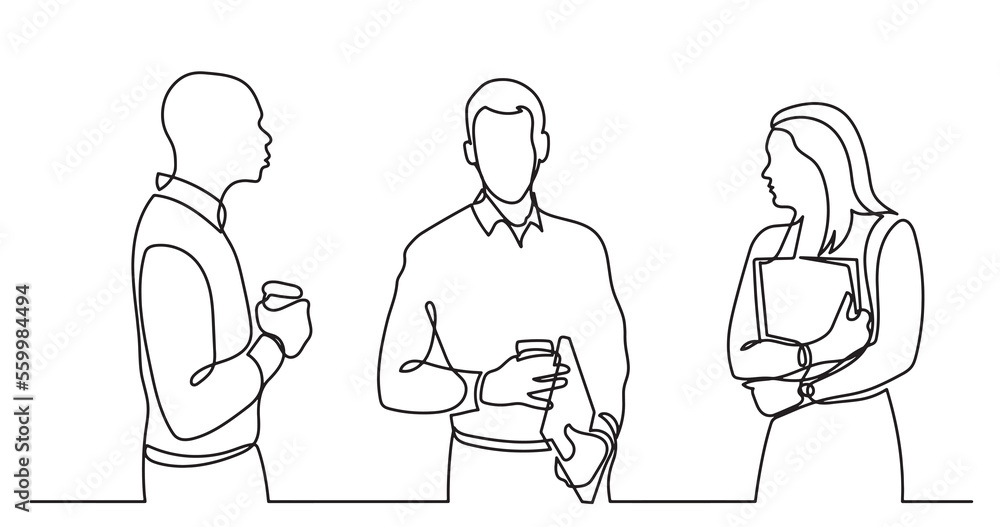 continuous line drawing of standing business people talking -  PNG image with transparent background