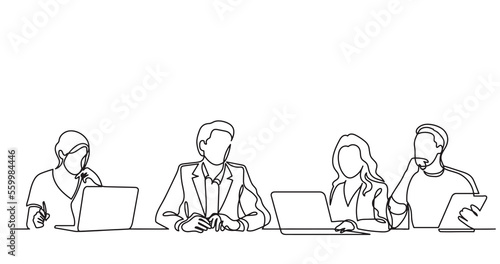 continuous line drawing of office workers team having discussion at business meeting - PNG image with transparent background