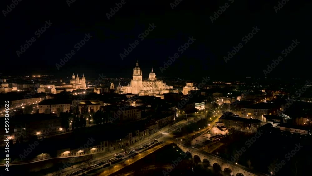Orbit Shot At Night Time Of Distinctive Basilica In Heart Of Salamanca City, Spain Orbit Shot At Night Time Of Distinctive Basilica In Heart Of Salamanca City, Spain