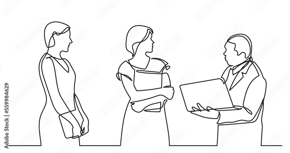 continuous line drawing of standing business people talking -  PNG image with transparent background