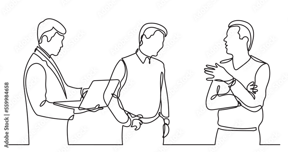 continuous line drawing of standing business people talking -  PNG image with transparent background