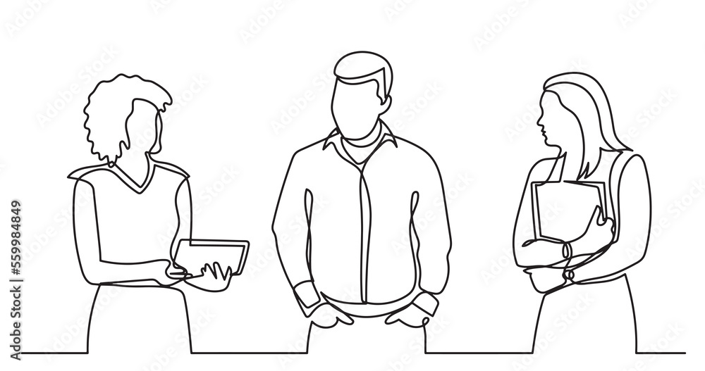 continuous line drawing of standing business people talking - PNG image with transparent background continuous line drawing of standing business people talking - PNG image with transparent background