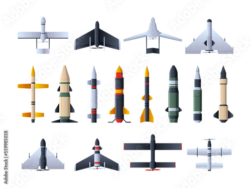 Military missiles and drones. Ballistic rockets with warhead unmanned army aircraft for intelligence, attack and air defense, loitering weapon. Vector set of power antiaircraft military illustration