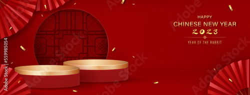 Chinese new year 2023 year of rabbit podiums for products display on red oriental style banner background