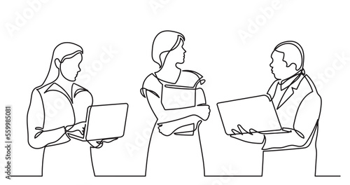 continuous line drawing of standing business people talking -  PNG image with transparent background © OneLineStock