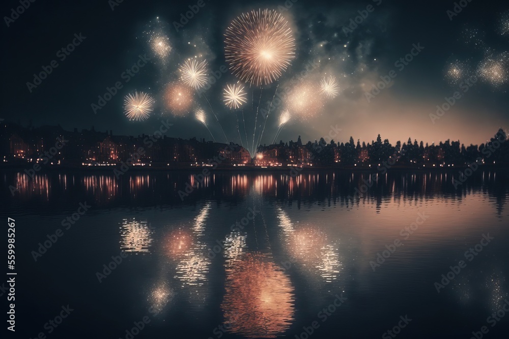 Fireworks over the lake with european architecture house. Generated AI illustration Fireworks over the lake with european architecture house. Generated AI illustration