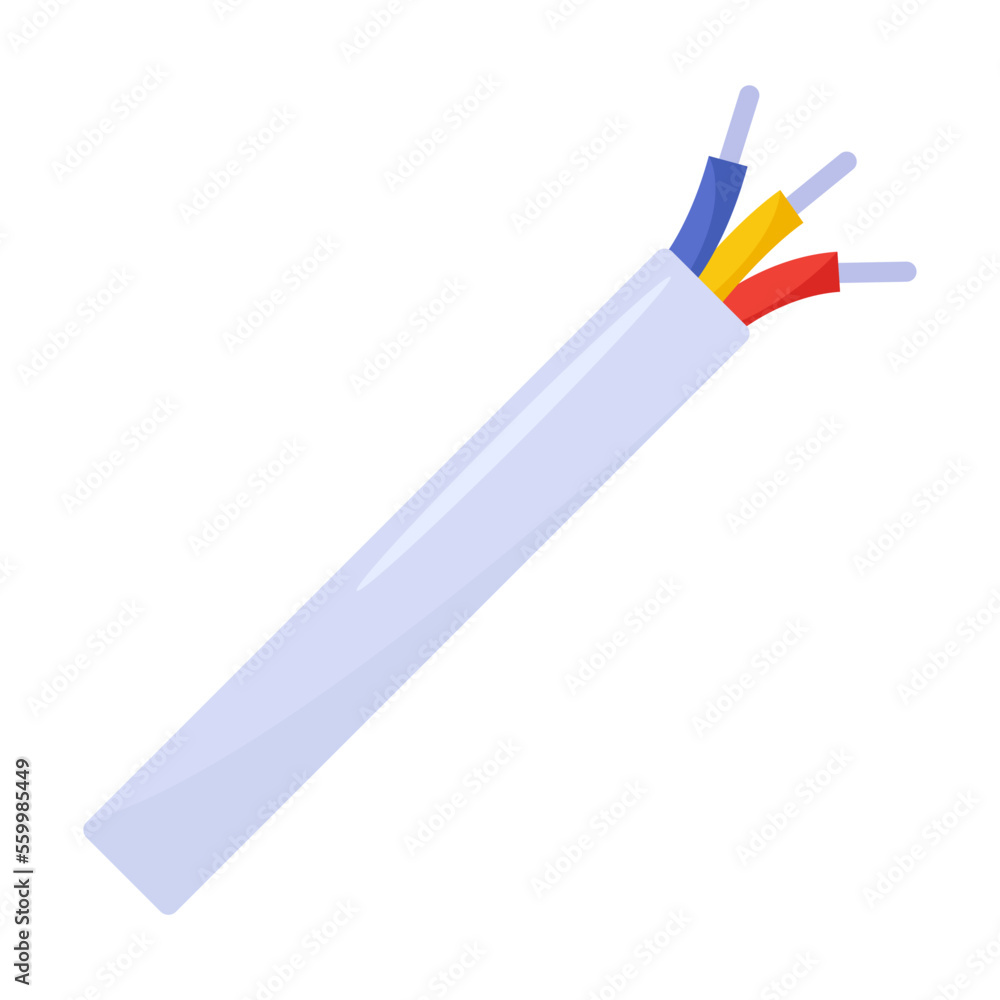 Cartoon piece of three core insulated cable isolated on white. Electrician tool. Vector illustration of equipment for electric power control and repair. Hardware service concept Cartoon piece of three core insulated cable isolated on white. Electrician tool. Vector illustration of equipment for electric power control and repair. Hardware service concept