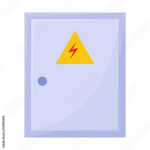 Closed iron box with electrical hazard sign isolated on white. Electrician tool. Cartoon vector illustration of equipment for electric power control and repair. Service concept