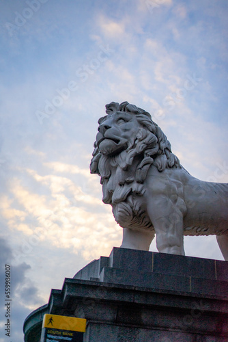 South Bank Lion Statue near County Hall over River Thames  during winter evening at London , United Kingdom : 12 March 2018