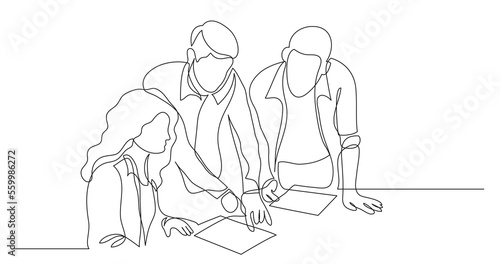 three coworkers discussing project on paper - PNG image with transparent background