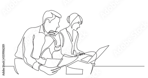 two coworkers working on documents with laptop computer - PNG image with transparent background