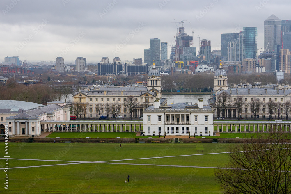 Panoramic view of University of Greenwich and London from Royal Observatory Greenwich during winter cloudy day at London , United Kingdom : 13 March 2018