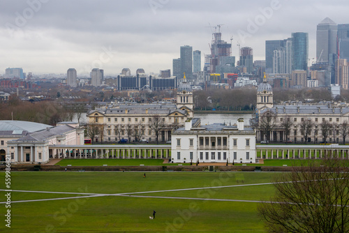 Panoramic view of University of Greenwich and London from Royal Observatory Greenwich during winter cloudy day at London , United Kingdom : 13 March 2018 photo