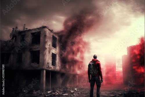 A man stands in ruins illuminated by red fire