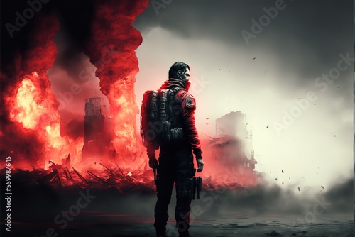 A man stands in ruins illuminated by red fire