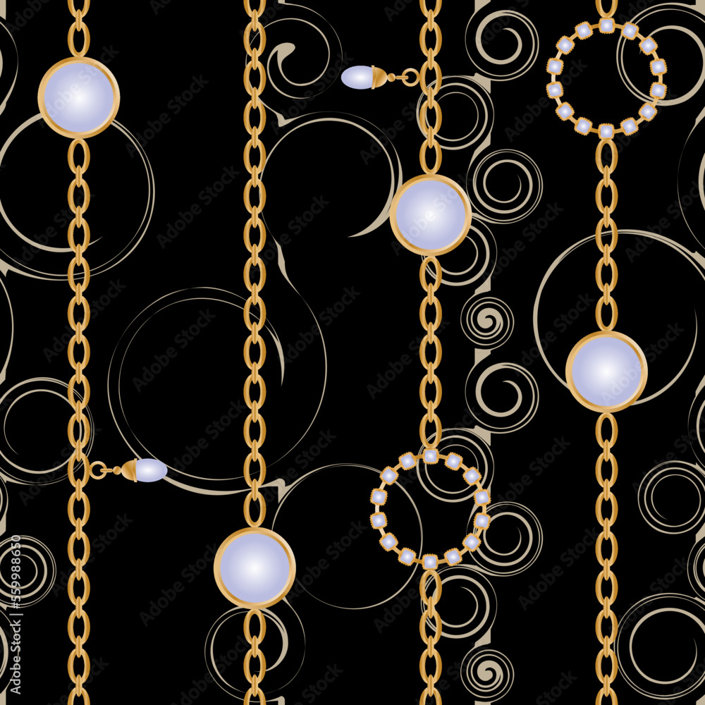 Seamless pattern decorated with precious stones, gold chains and pearls. Seamless pattern decorated with precious stones, gold chains and pearls.
