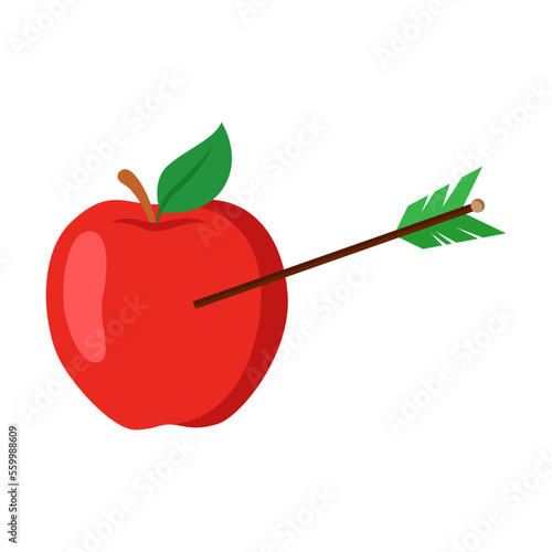 Archery arrow sticking out of an apple vector illustration. Equipment for archery isolated on white background. Sports concept for game design