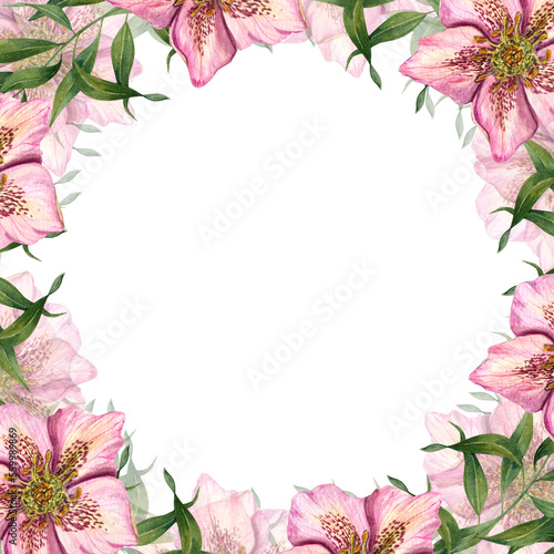Square floral frame with watercolor hellebores isolated on white background. For greeting card design, invitation template, for Valentine day, birthday, wedding, mother day cards