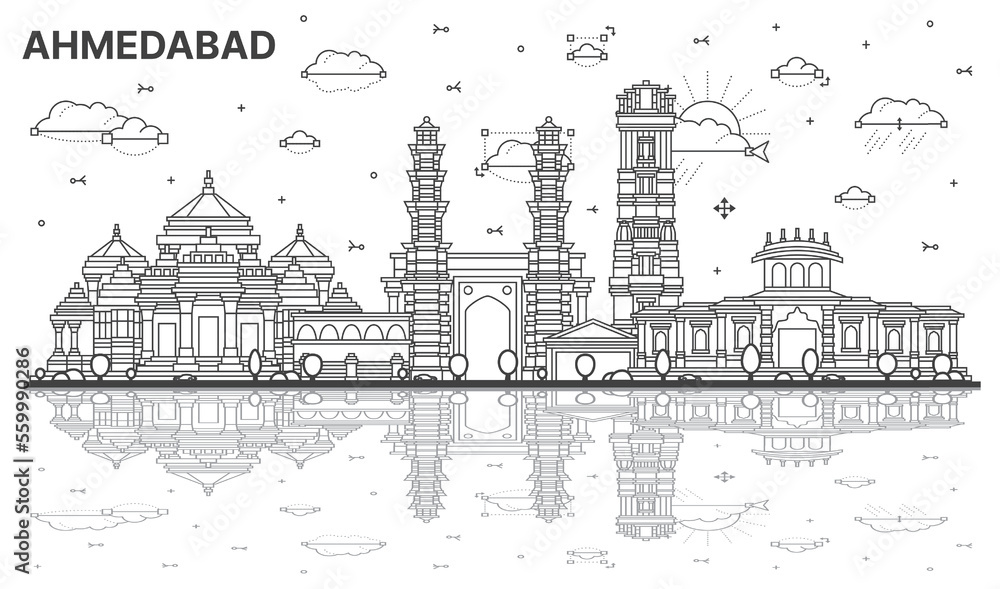 Outline Ahmedabad India City Skyline with Historic Buildings and Reflections Isolated on White. Vector Illustration.