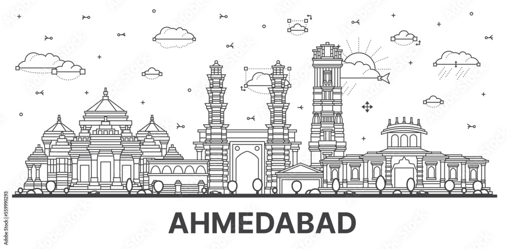 Outline Ahmedabad India City Skyline with Historic Buildings Isolated on White. Vector Illustration.
