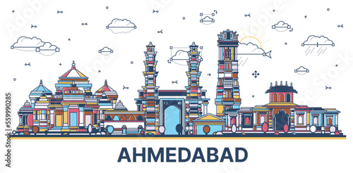 Outline Ahmedabad India City Skyline with Colored Historic Buildings Isolated on White. Vector Illustration.