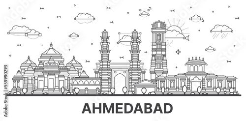 Outline Ahmedabad India City Skyline with Historic Buildings Isolated on White. Vector Illustration.