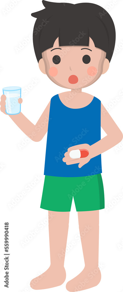 Cartoon comic vector of little boy taking medicine treatment Cartoon comic vector of little boy taking medicine treatment