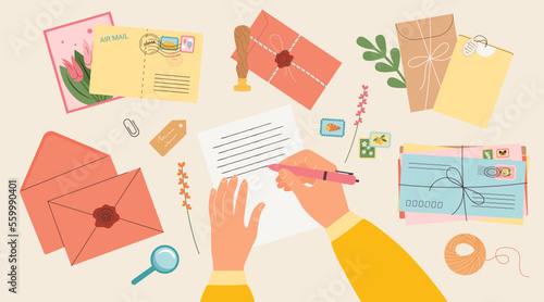 Hand is writing on paper a letter, around a stack of envelopes, wax stamp, stamps, top view. The concept of sending letters and postcards to a friend. Envelope mail correspondence vector illustration