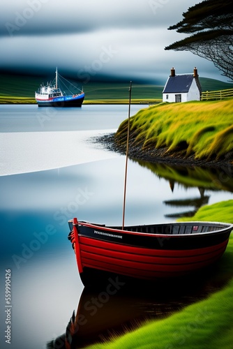 Fishing boat on shore, near a croft house, generated by Artificial Intelligence