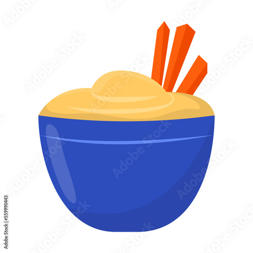 Cartoon drawing of Arabic bean paste in bowl isolated on white background. Hummus and snack vector illustration. Food, nutrition concept
