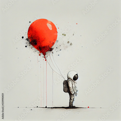 Fototapeta astronaut with red balloon banksy style generative ai