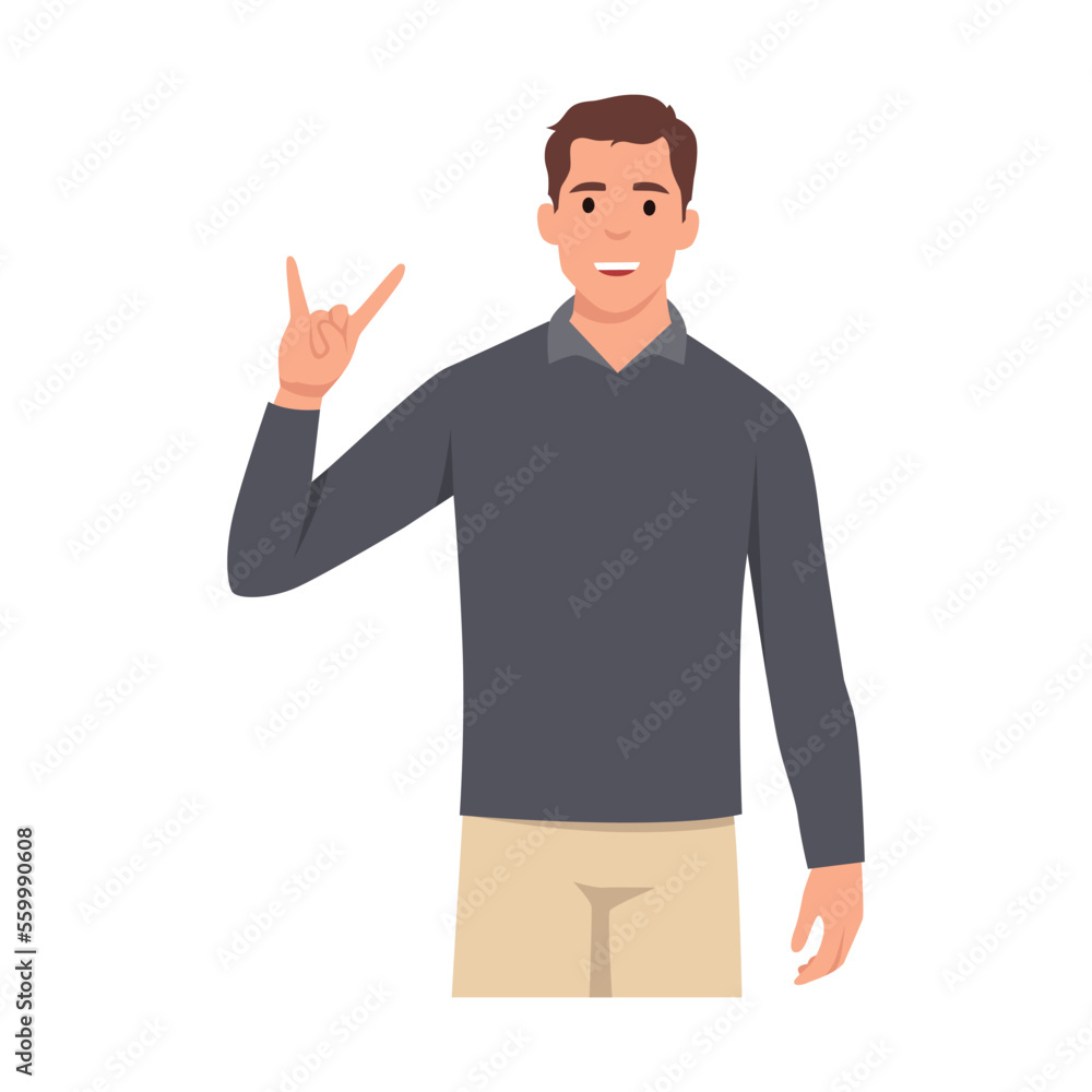 Young man gesturing, doing or making rock and roll symbol or sign with hands up with crazy expression. Flat vector illustration isolated on white background Young man gesturing, doing or making rock and roll symbol or sign with hands up with crazy expression. Flat vector illustration isolated on white background