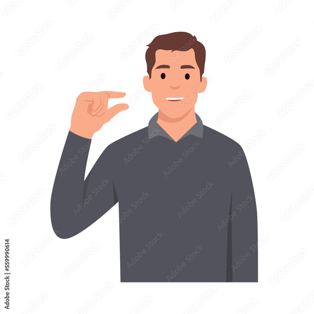 Little bit and small amount concept. Smiling young man cartoon character showing little bit gesture. Flat vector illustration isolated on white background Little bit and small amount concept. Smiling young man cartoon character showing little bit gesture. Flat vector illustration isolated on white background