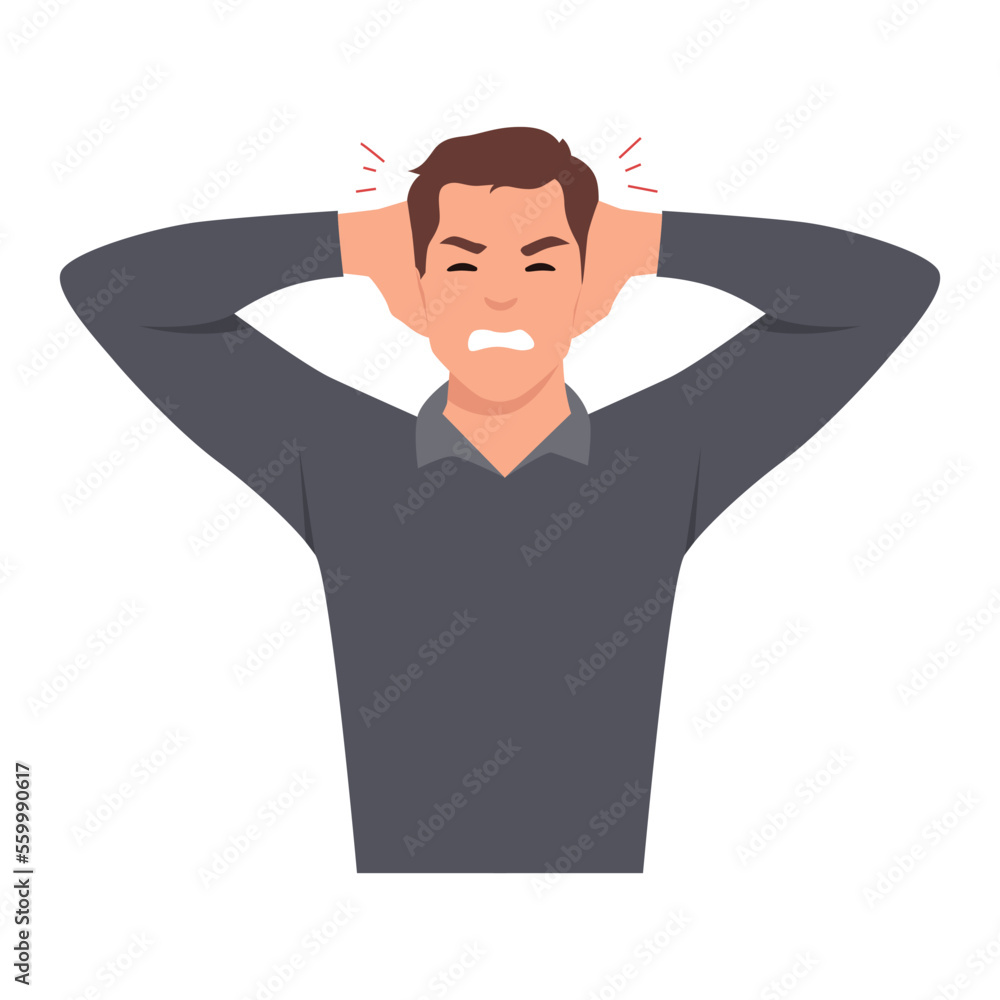 Young man covering his ears with his hands. Flat vector illustration