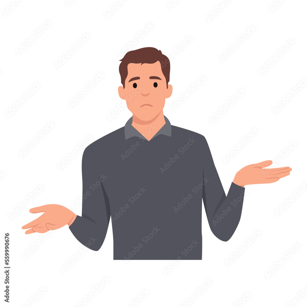 Oops. Sorry. I don't know. Young business man shrugs, shows helpless gesture and spread his hands. Flat vector illustration isolated on white background - obrazy, fototapety, plakaty 