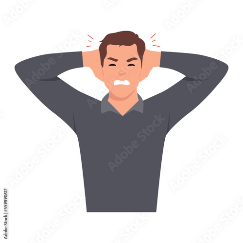 Young man covering his ears with his hands. Flat vector illustration isolated on white background