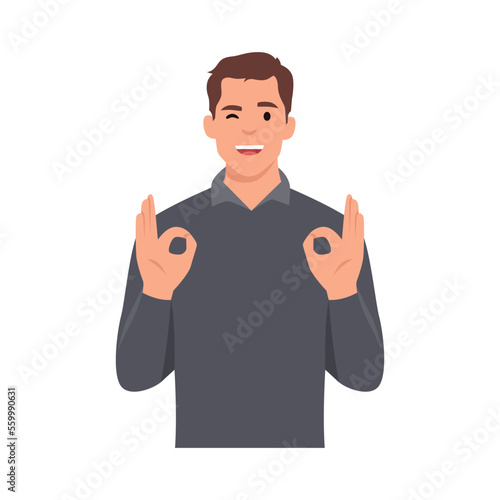 Young man is showing a gesture Okay, ok. Flat vector illustration isolated on white background