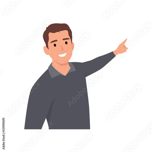 Young man pointing away and showing or presenting something while standing and smiling. Man pointing copy space. Flat vector illustration isolated on white background