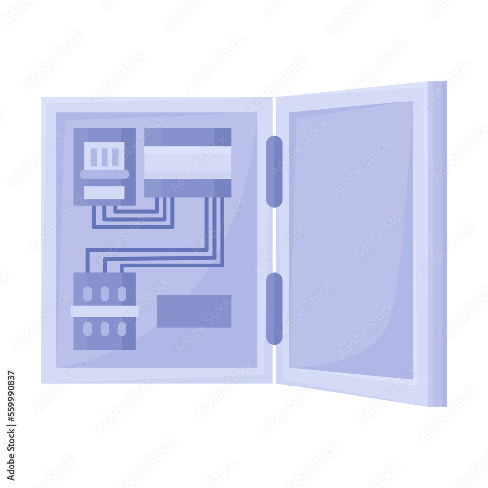 Distribution box of electrical wires isolated on white. Electrician tool. Cartoon vector illustration of equipment for electric power control and repair. Hardware service concept Distribution box of electrical wires isolated on white. Electrician tool. Cartoon vector illustration of equipment for electric power control and repair. Hardware service concept