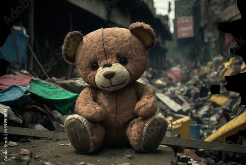 Homeless teddy bear in dirty city slums alone and emotionally sad; forgotten, unloved and lost surrounded by abandoned destroyed building ruins - Generative AI illustration.