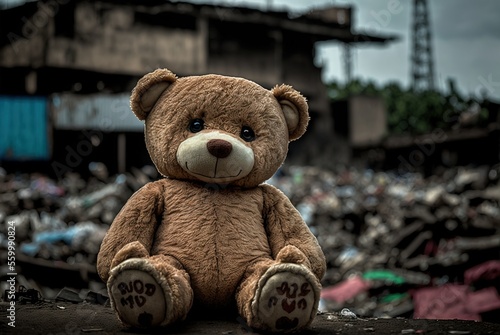 Homeless teddy bear in dirty city slums alone and emotionally sad; forgotten, unloved and lost surrounded by abandoned destroyed building ruins - Generative AI illustration.