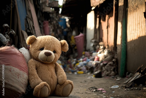 Homeless teddy bear in dirty city slums alone and emotionally sad; forgotten, unloved and lost surrounded by abandoned destroyed building ruins - Generative AI illustration. photo