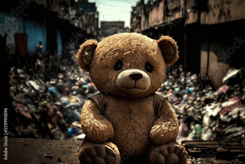 Homeless teddy bear in dirty city slums alone and emotionally sad; forgotten, unloved and lost surrounded by abandoned destroyed building ruins - Generative AI illustration.