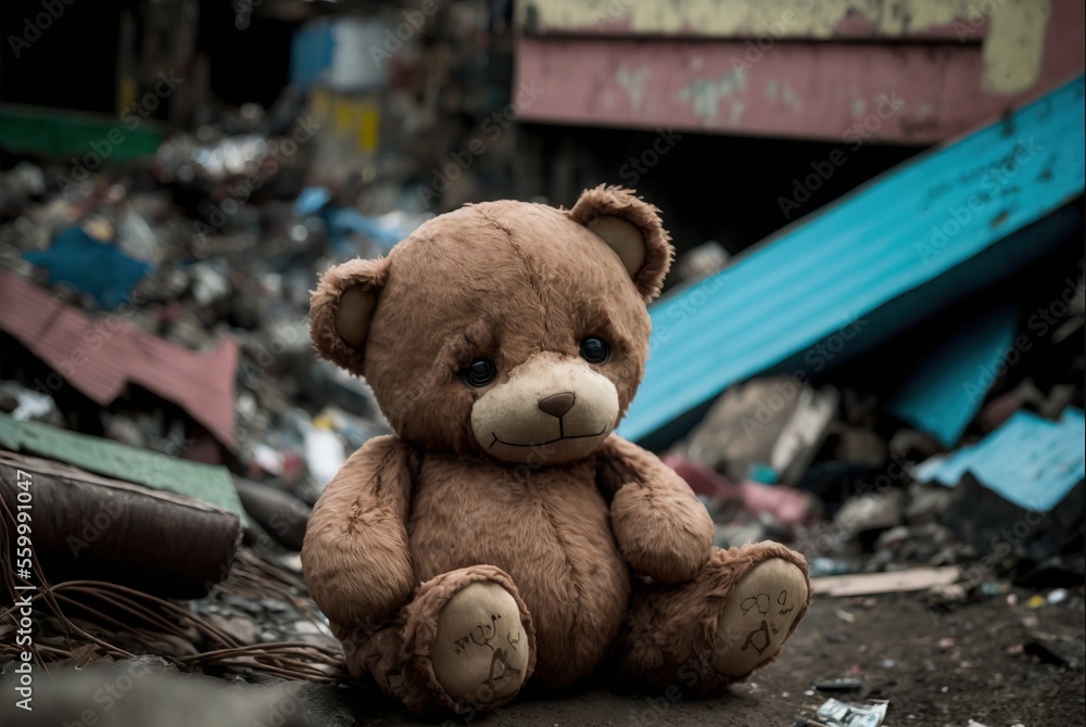Homeless teddy bear in dirty city slums alone and emotionally sad ...