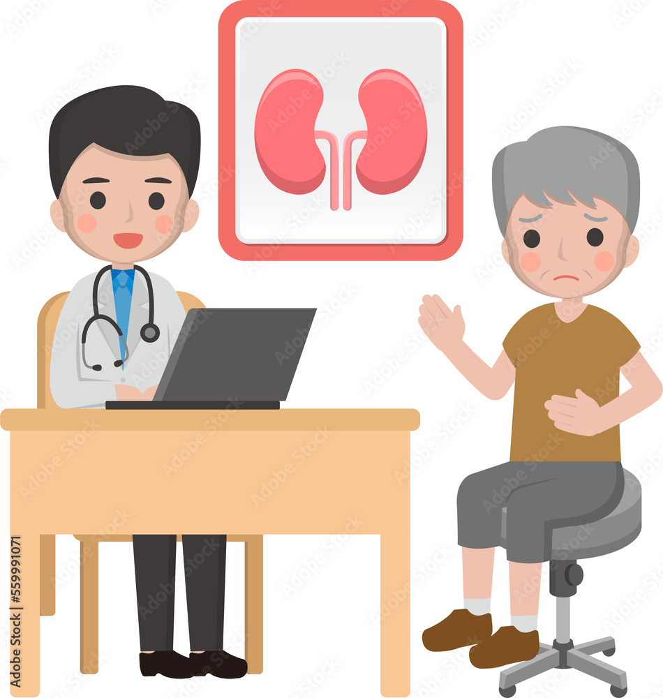 Elderly man with doctor, cartoon comic vector of kidney disease Elderly man with doctor, cartoon comic vector of kidney disease
