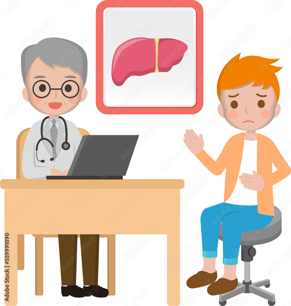 Man with doctor, cartoon comic vector of liver disease Man with doctor, cartoon comic vector of liver disease