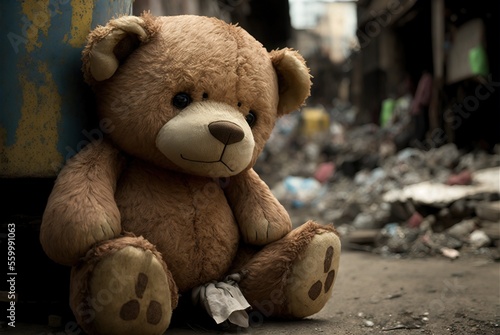 Homeless teddy bear in dirty city slums alone and emotionally sad; forgotten, unloved and lost surrounded by abandoned destroyed building ruins - Generative AI illustration.