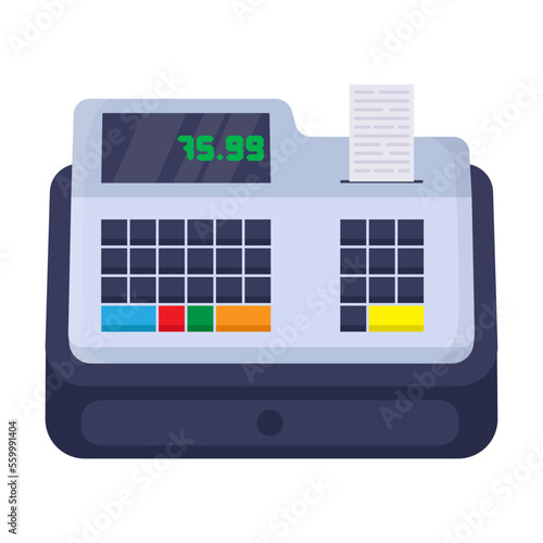 Cash machine for checkout. Drawing of POS terminal, fiscal cash register with money, cashier till machine with screen, receipt printers. Payment concept